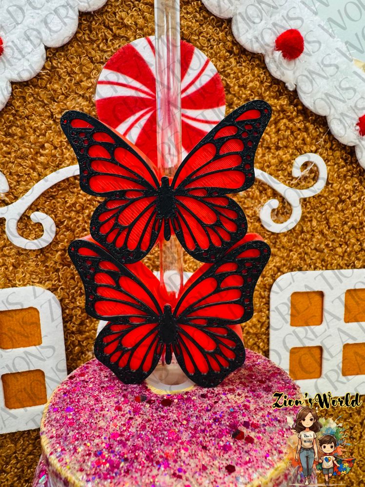 RED/BLACK MONARCH BUTTERFLY STRAW TOPPERS (SET OF 12)