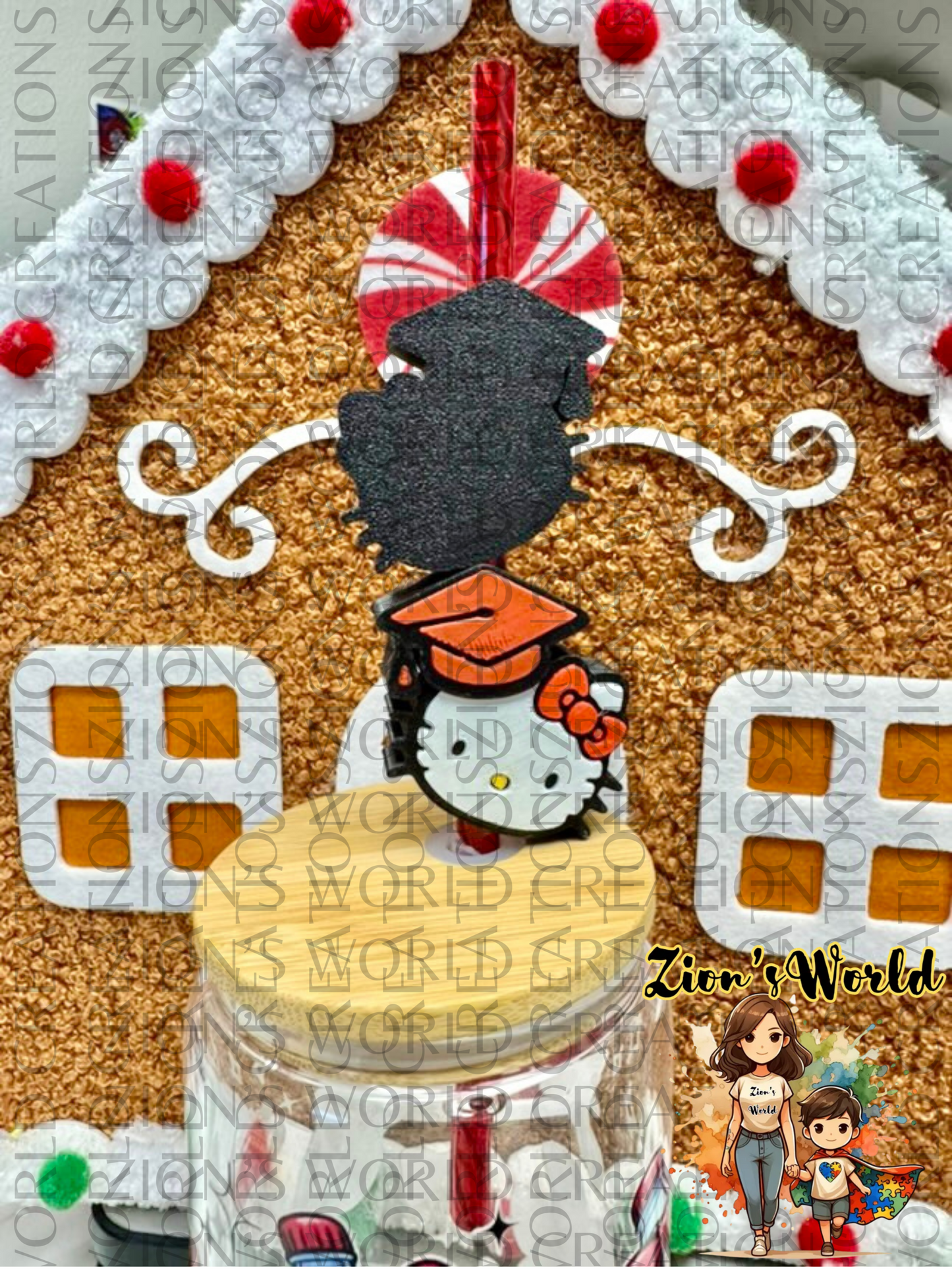 HELLO KITTY RED GRADUATION HAT BLACK BACK STRAW TOPPERS