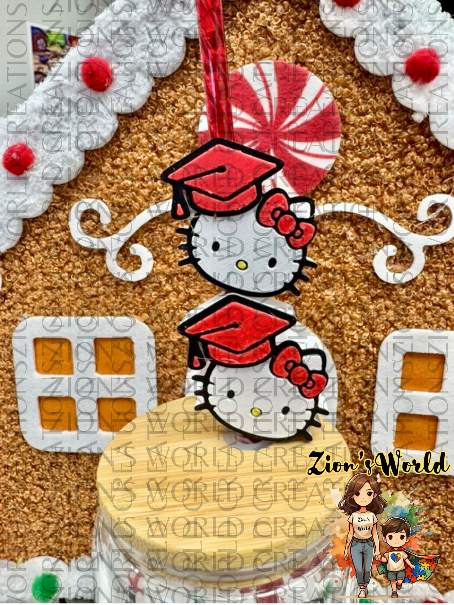 HELLO KITTY RED GRADUATION HAT WHITE BACK STRAW TOPPERS