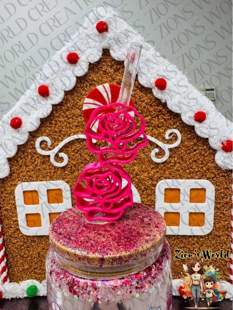 PINK ROSE STRAW TOPPERS (SET OF 12)