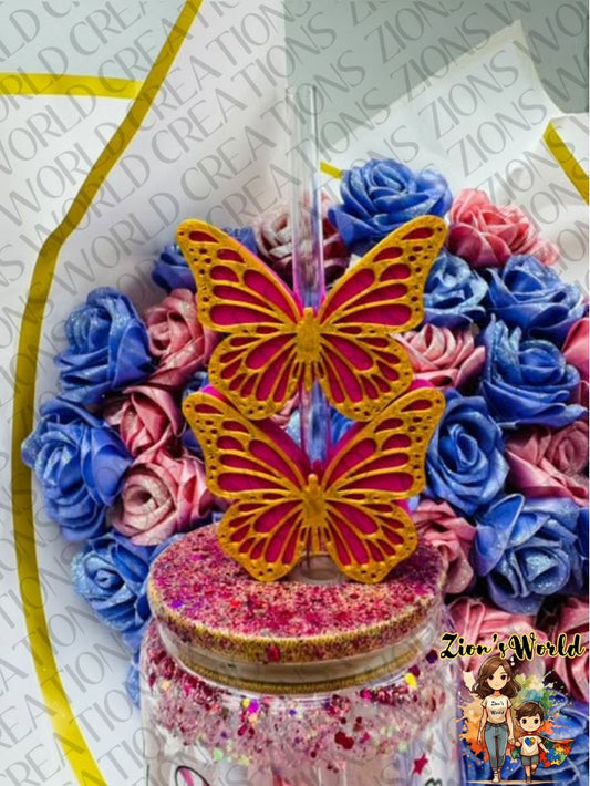 GOLD/PINK MONARCH BUTTERFLY STRAW TOPPERS (SET OF 12)