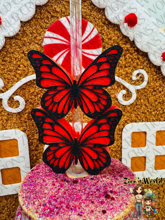 RED/BLACK MONARCH BUTTERFLY STRAW TOPPERS (SET OF 12)