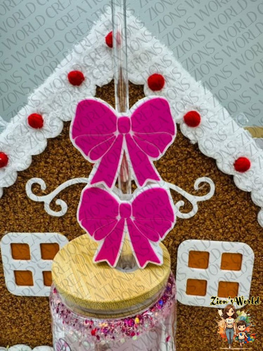 PINK/WHITE BOW STRAW TOPPERS (SET OF 12)