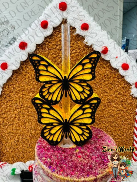 YELLOW/BLACK MONARCH BUTTERFLY STRAW TOPPERS (SET OF 12)