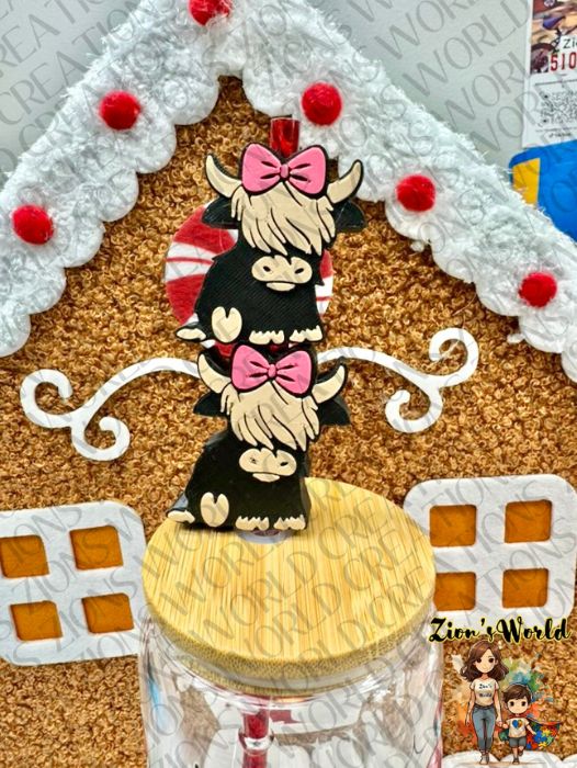 PINK BOW BLACK COQUETA HIGHLAND COW TOPPERS (SET OF 12)