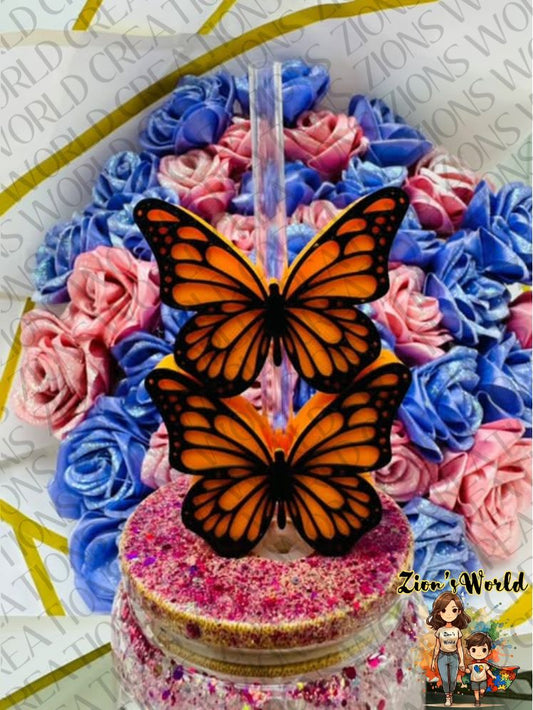 ORANGE MONARCH BUTTERFLY STRAW TOPPERS (SET OF 12)